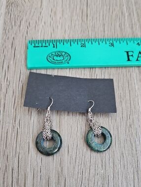 Green Stone Donut Drop Earrings with Silver Chains - Women Jewelry